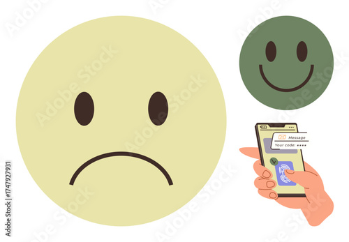 Hand interacting with smartphone, one sad face transforming to a happy face. Ideal for feedback, emotion tracking, mental health, digital communication, mood analytics, customer service, simple flat