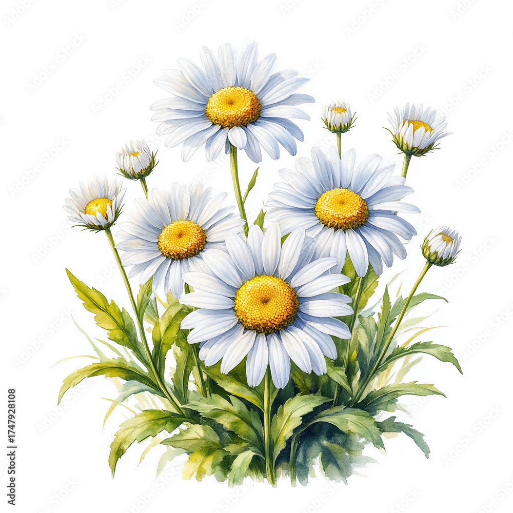Fototapeta premium Delicate daisies with white petals and green leaves. Watercolor digital illustration. Beautiful wild spring flowers isolated on a white background. The theme of summer, relaxation, glades and meadows