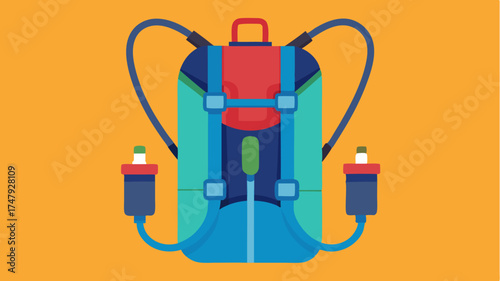 An artistic representation of a highcapacity hydration backpack with multiple pockets and a builtin water reservoir and hose.