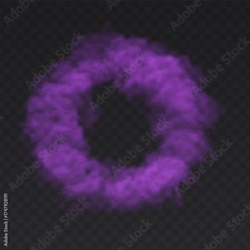 Purple Ring Smoke Cloud on dark transparent background. Fog circle frame