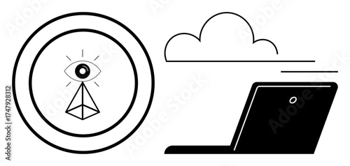 Eye in pyramid radiating awareness with laptop and cloud connection. Ideal for surveillance, AI, digital vision, cloud computing, data monitoring, remote work, innovation. Minimalistic flat metaphor