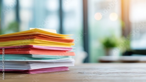 Stack of colorful papers on a wooden table, blurred background