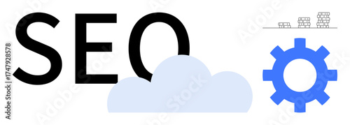 SEO text beside cloud, blue gear, and ladder icon subtly highlighting optimization, strategy, progress, and data. Ideal for technology, marketing business web analytics growth. Simple flat