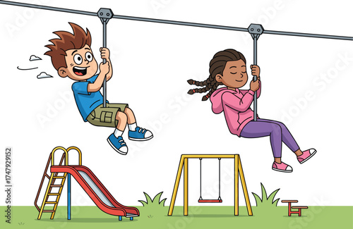 Children Playing on Zip Line in Playground, Outdoor Fun, Joyful Motion, Colorful Equipment, Nature Scene, Active Lifestyle, Childhood Recreation