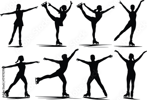 Figure skater silhouette illustration with dynamic poses and graceful movements, showcasing athletic balance and elegance for vector sports design content
