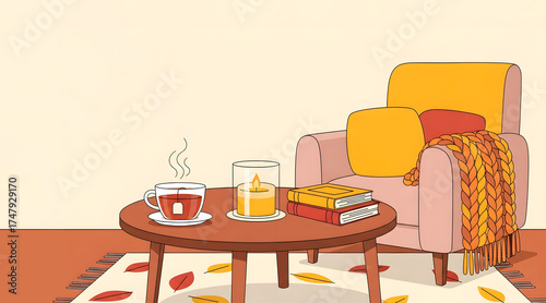 Cozy living room with armchair and table in autumn season. Seasonal home interior. Warm fall decor and comfortable atmosphere illustration