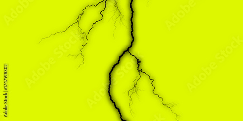 Massive lightning bolt with branches isolated on black background. yellow lightning strike during an electrical storm. Lightning on the sky with stormy clouds. Cloudy, with a no-nonsense yellow. 