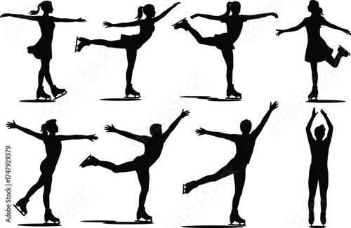 Figure skater silhouette illustration with various poses and movements, showcasing athletic balance and grace for vector design and sports concept