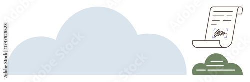 Cloud with digital document featuring an e-signature and green cloud data icon. Ideal for data storage, digital solutions, secure files, online agreements, technology, remote access, simple flat