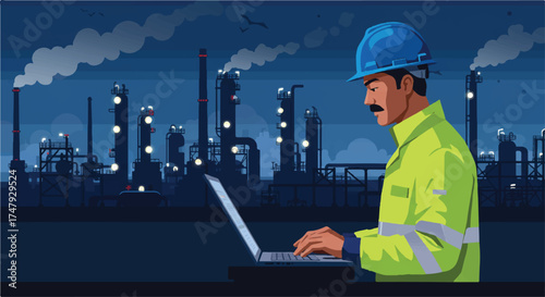 Industrial engineer working on a laptop at a refinery with smokestacks at night