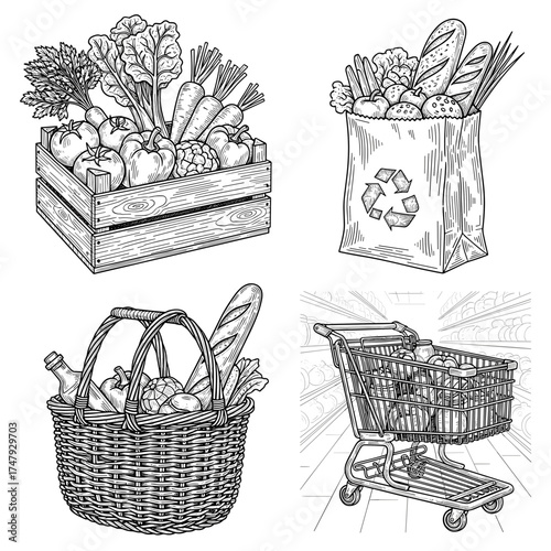 collection of fresh vegetables in different packaging - healthy vegetables in a wooden crate, vegetables and bread in an eco paper bag with a recycling symbol, in a basket, in a supermarket cart