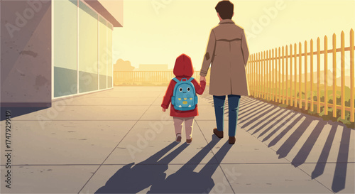 A Daughter Walks Hand-in-Hand with Her Father, Shadowy Companions