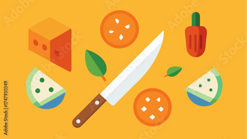 An infographic depicting knife skills with illustrations showing different knife s like julienne dice and chiffonade annotated with images of the finished food items.