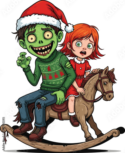 Funny Christmas zombie and scared girl riding rocking horse cartoon vector, horror holiday illustration, creepy festive humor art