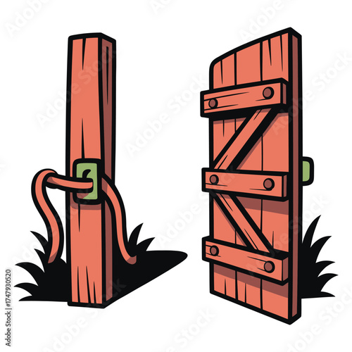 Illustration of a rustic wooden gate with a latch, , inviting entry to a farm or garden