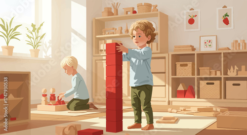 Kids Play With Building Blocks in a Bright, Sunlit Room