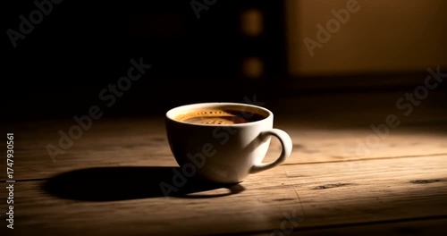 Warm cup of coffee on a wooden table with dramatic lighting.