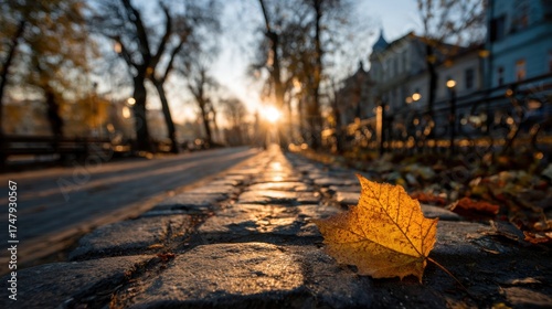 Golden leaf on cobblestone street bathed in the warm light of a fall sunrise, creating a serene and picturesque autumn scene.