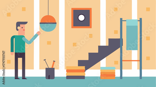 An animated sequence showing the stages of creating an accent wall with wallpaper including measuring ting and smoothing layers.