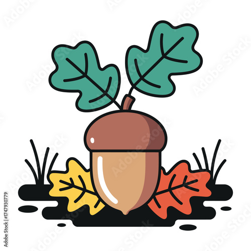 Illustration of an acorn with oak leaves, a symbol of autumn and nature
