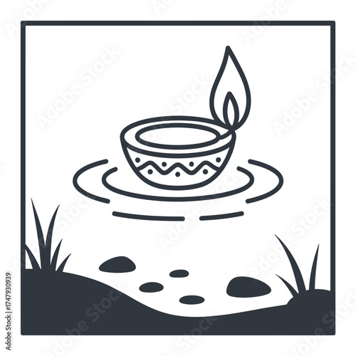 Illustration of a diya lamp on water, a symbol of diwali and celebration