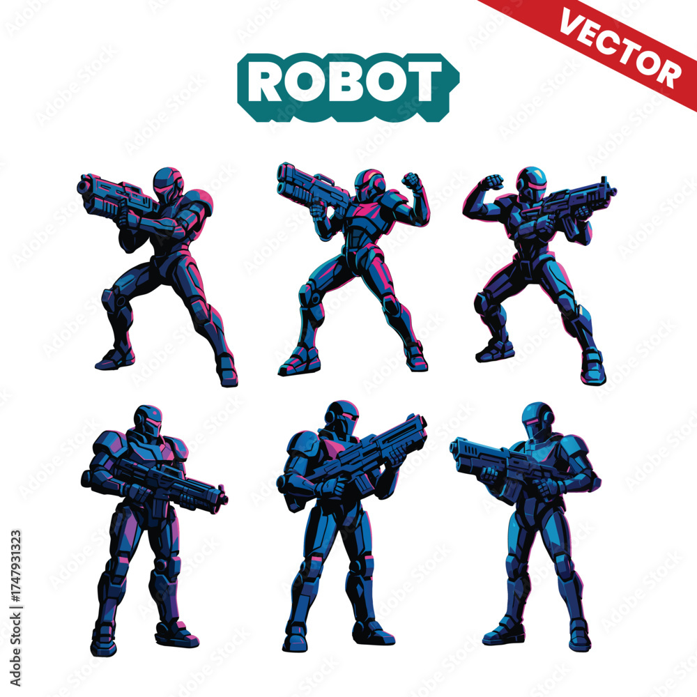 Fototapeta premium Group of modern and futuristic robot vector illustration carrying a large modern weapon