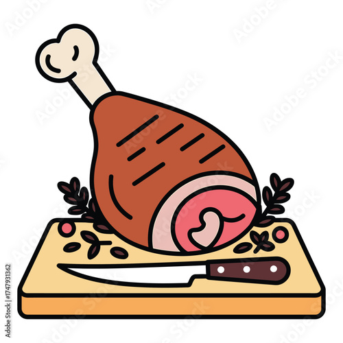 Illustration of a ham hock on a wooden board with a knife