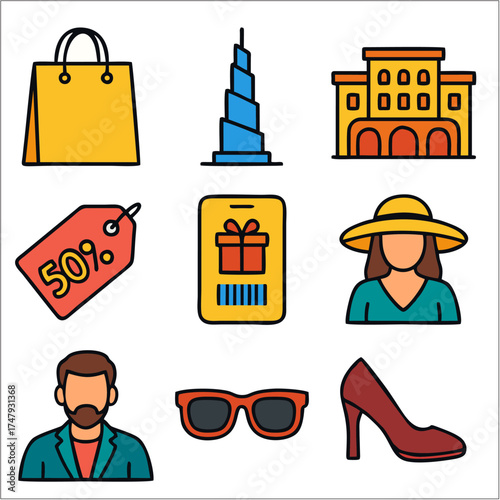 Dubai Shopping Festival Flat Icon Set, Modern Shopping & City Lifestyle Collection 