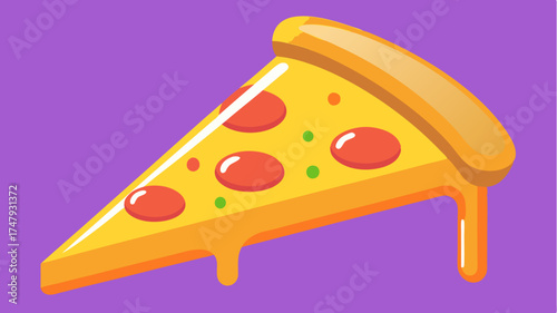 A slice of pizza with gooey cheese and vibrant toppings depicted at an angle to showcase the crust and toppings.