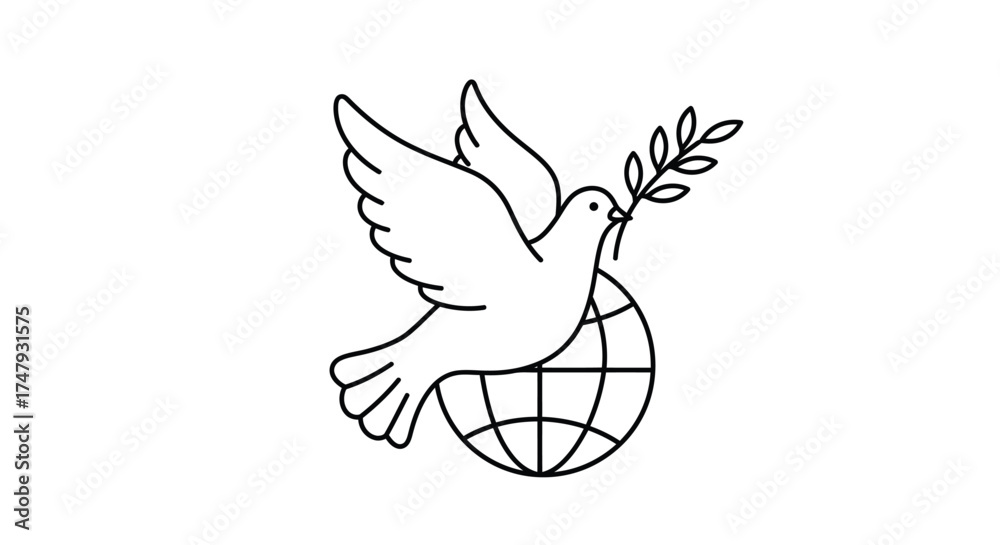 Fototapeta premium A simple line drawing of a dove with an olive branch and globe
