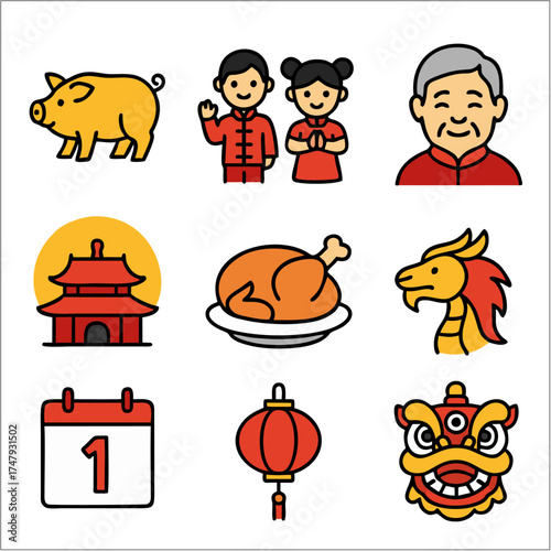 Chinese New Year Flat Icon Set, Lunar Festival & Traditional Celebration Vector Pack