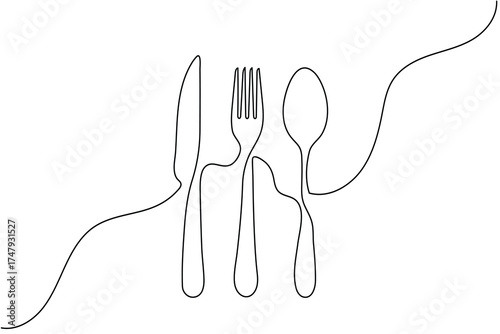 One line drawing of fork knife spoon minimal outline isolated vector design
