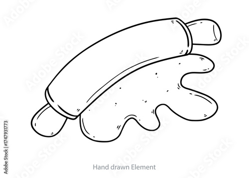 A hand-drawn illustration of a rolling pin resting on a blob of dough, depicted in black and white.