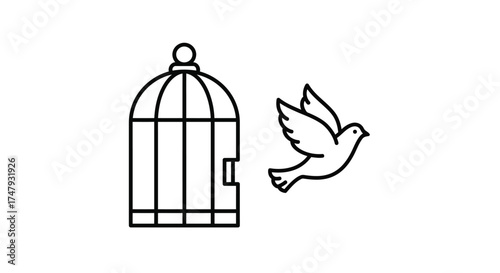 An open birdcage and a flying dove represent freedom and release