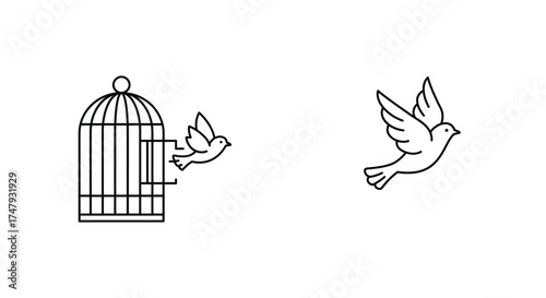 An open birdcage with a flying bird representing freedom and release