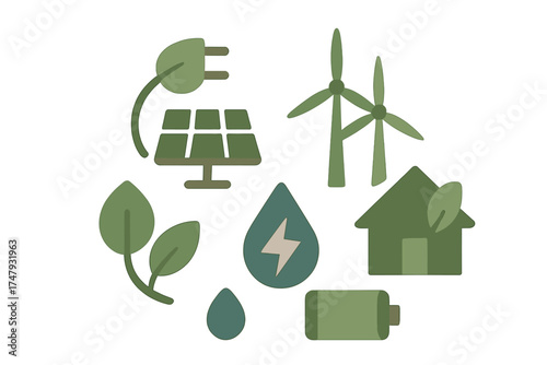 Sustainable energy icons: solar panels, wind turbines, battery, and electric plug