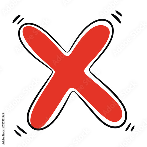 Stylized red cross mark with a handdrawn effect, , indicating rejection or error