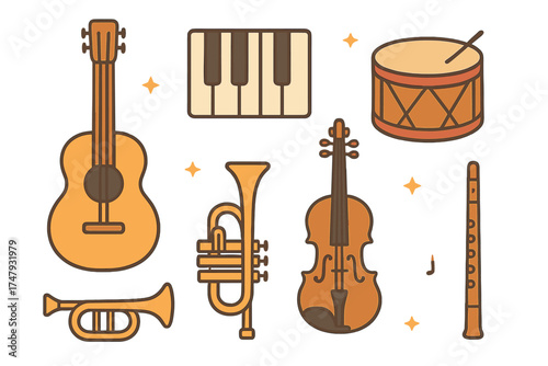 Set of diverse acoustic musical instruments: guitar, violin, trumpet, drum, keyboard
