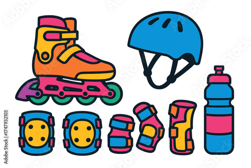 Brightly colored rollerblades, safety helmet, knee pads, elbow guards, and water bottle