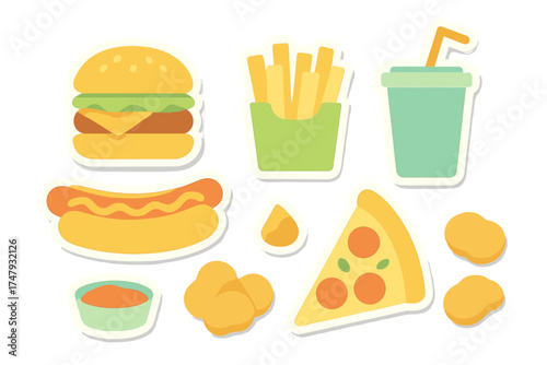 Stylized fast food icons including hamburger, french fries, soda, hot dog, pizza, and chicken nuggets