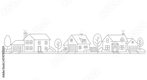 Simple black and white illustration of a quaint suburban neighborhood scene