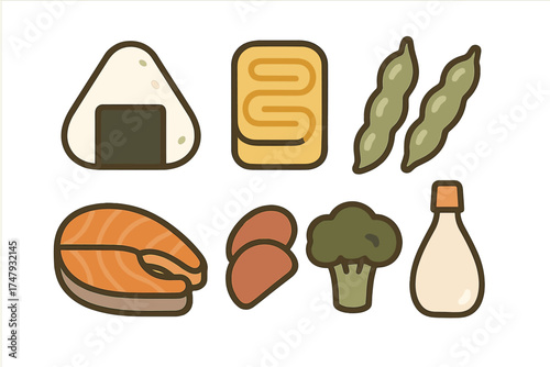 Japanese healthy food ingredients set featuring onigiri, salmon, edamame, and broccoli