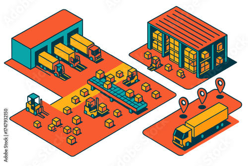 Isometric logistics network showing warehouse operations, shipping, delivery trucks, forklifts, and cargo boxes