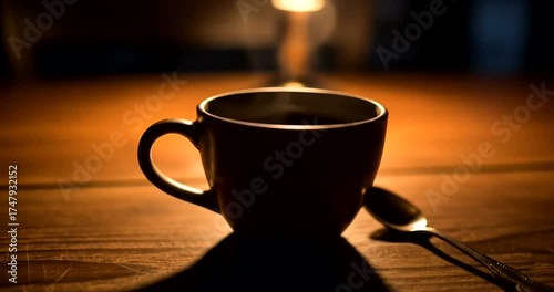 Steaming hot coffee cup with spoon casts long shadow on wooden table.