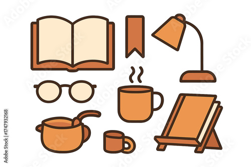 Collection of reading and study essentials icons including open book, eyeglasses, desk lamp, and hot mugs