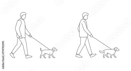 Two men walking their dogs on leashes minimalist line art style