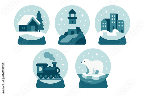 Five winter snow globes featuring a cabin, lighthouse, city, train, and polar bear on ice