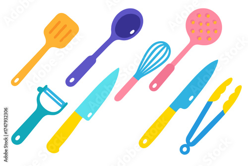 Brightly colored set of essential kitchen cooking and preparation tools