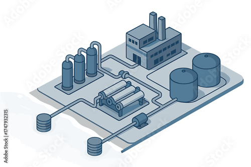 Isometric diagram of an industrial water treatment plant with factory building and storage tanks