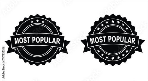 Two black most popular badges with starburst and ribbon designs